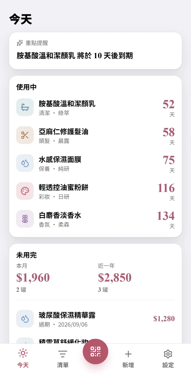 美妝效期VaniKeep 的「今天」畫面：使用中的保養品與未用完的金額